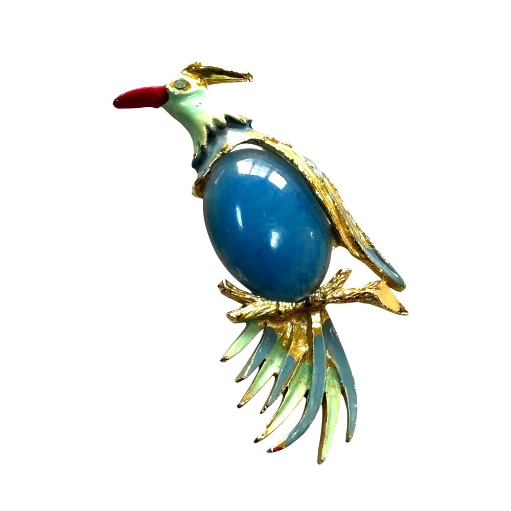 Vintage bird brooch goldtone & colorful enamel blue stone belly glass eye
